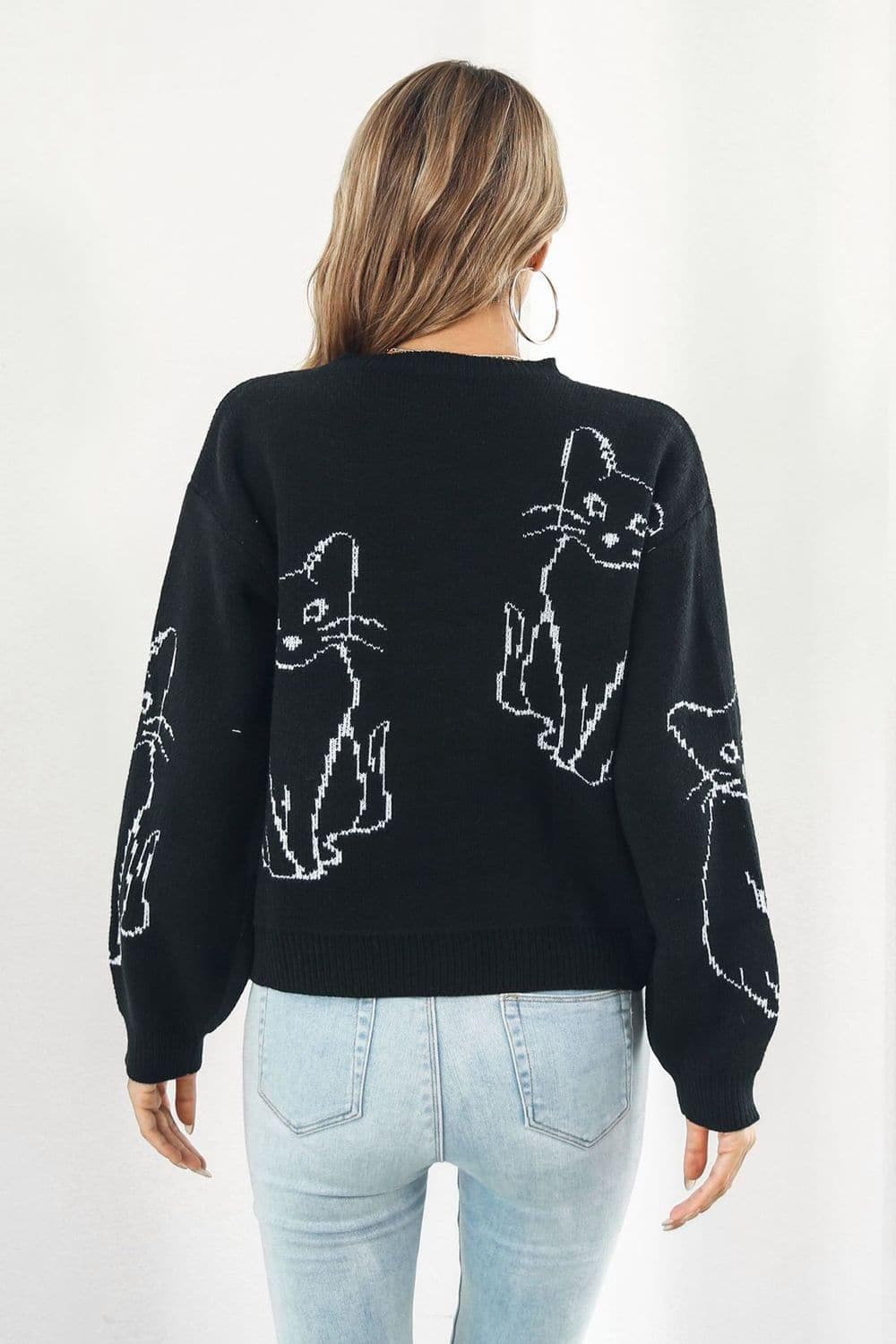 Cat Pattern Round Neck Long Sleeve Pullover Sweater, Multiple Colors - SwagglyLife Home & Fashion