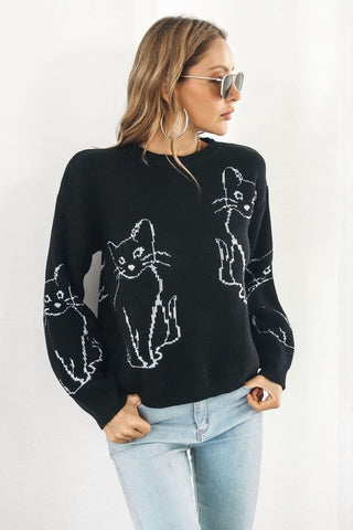 Cat Pattern Round Neck Long Sleeve Pullover Sweater, Multiple Colors - SwagglyLife Home & Fashion