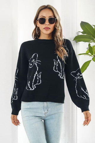 Cat Pattern Round Neck Long Sleeve Pullover Sweater, Multiple Colors - SwagglyLife Home & Fashion