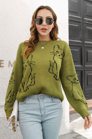 Cat Pattern Round Neck Long Sleeve Pullover Sweater, Multiple Colors - SwagglyLife Home & Fashion