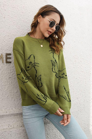 Cat Pattern Round Neck Long Sleeve Pullover Sweater, Multiple Colors - SwagglyLife Home & Fashion