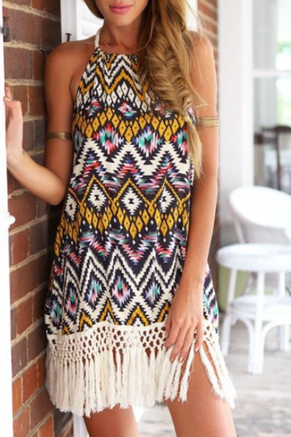 Katie Tassel Printed Halter Neck Mini Dress - SwagglyLife Home & Fashion