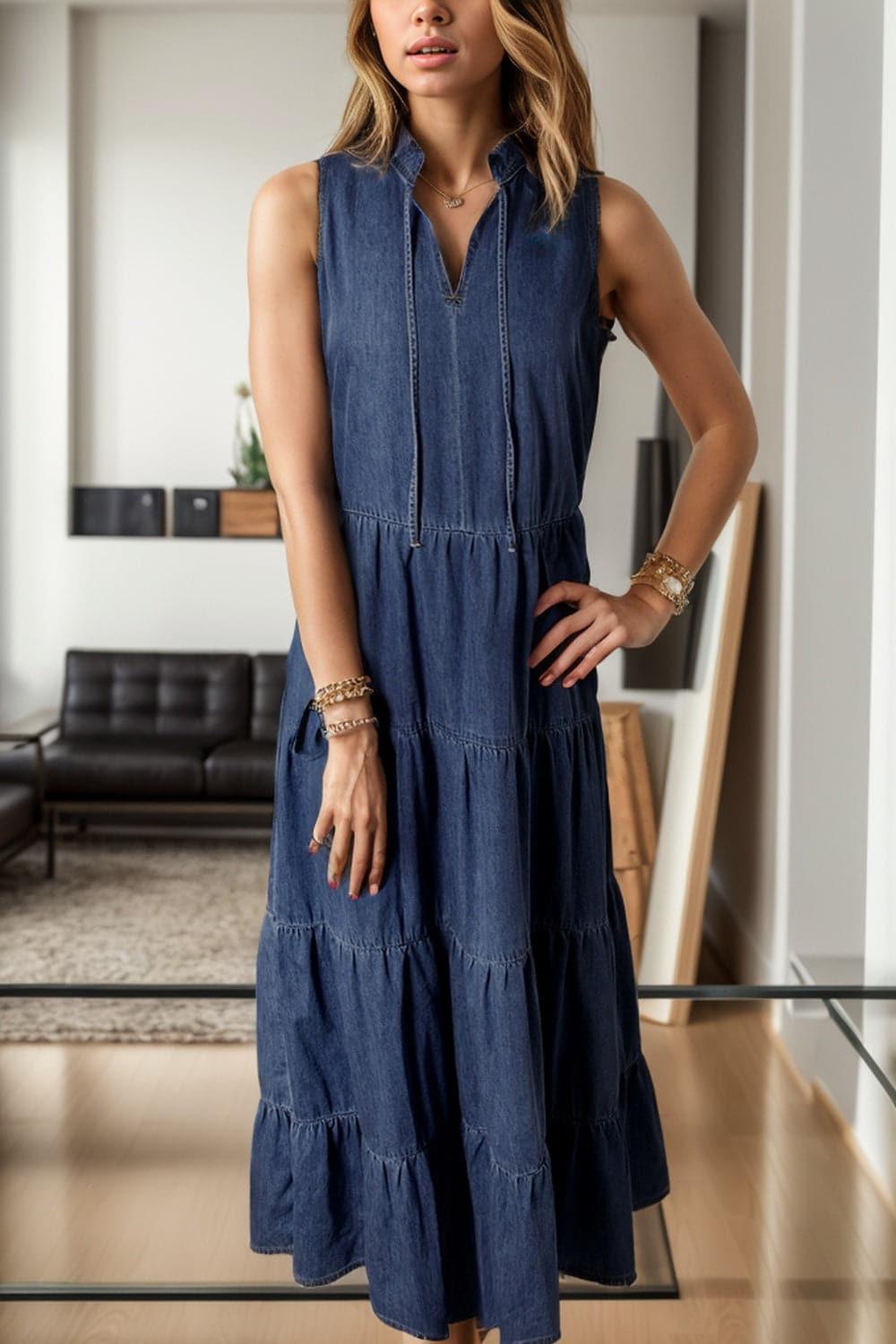 Kira Tie Neck Sleeveless Denim Dress - SwagglyLife Home & Fashion