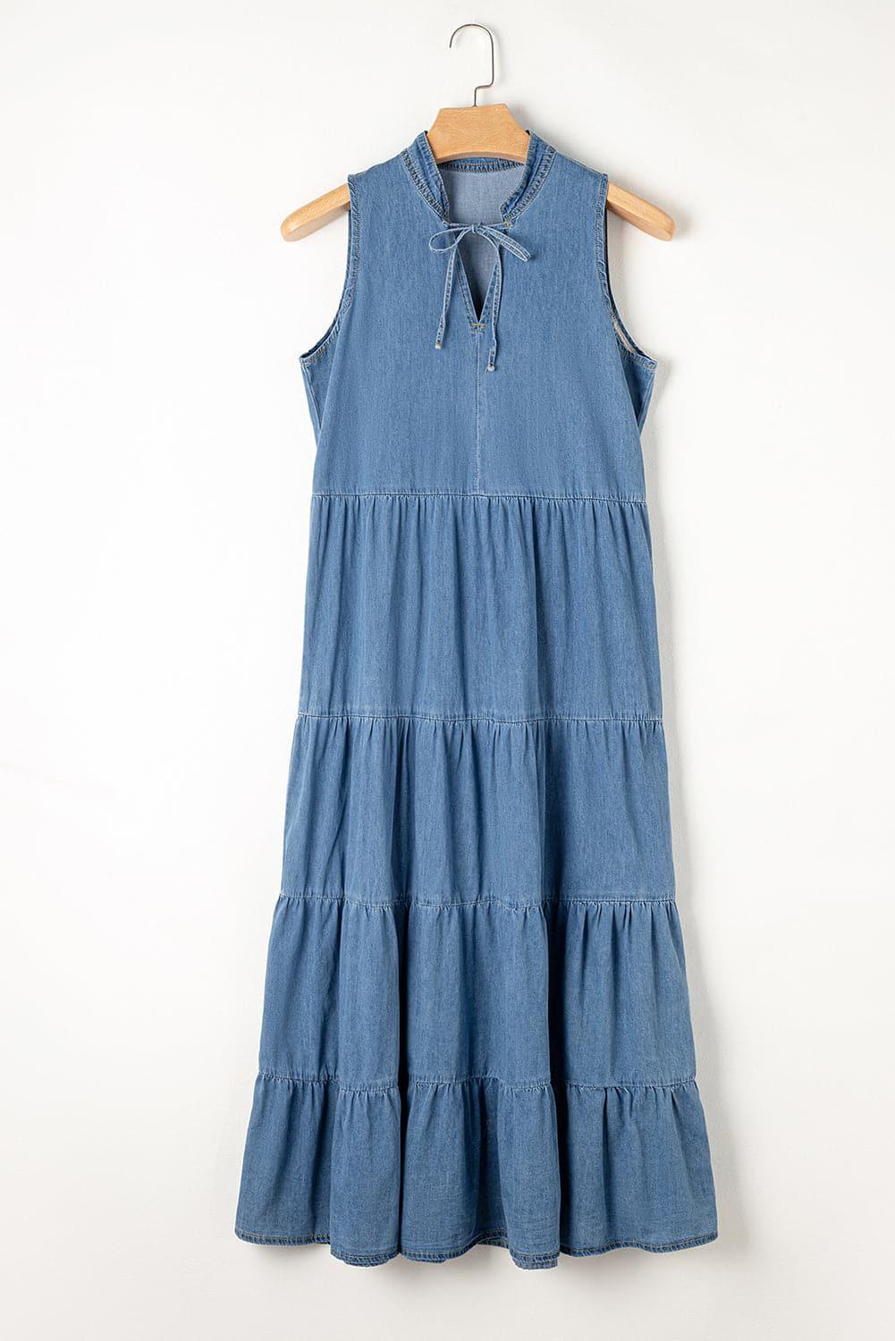 Kira Tie Neck Sleeveless Denim Dress - SwagglyLife Home & Fashion