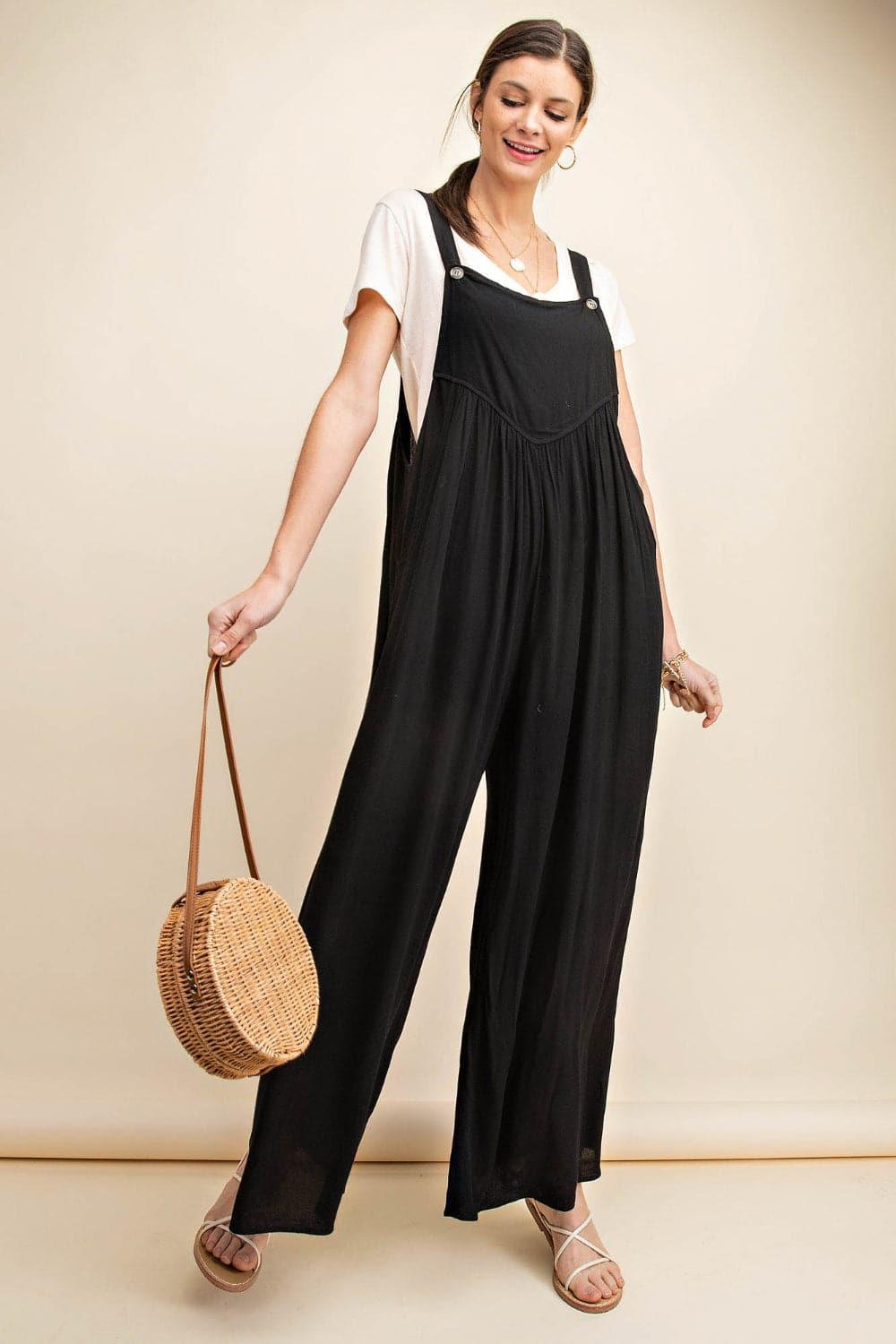 Kori America Full Size Sleeveless Ruched Wide Leg Overalls - SwagglyLife Home & Fashion