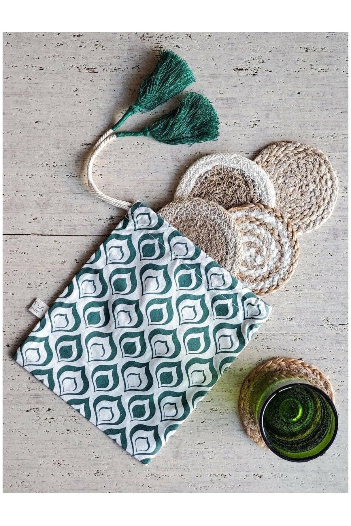 KORISSA Natural Coaster Gift Set with Green Pouch - SwagglyLife Home & Fashion