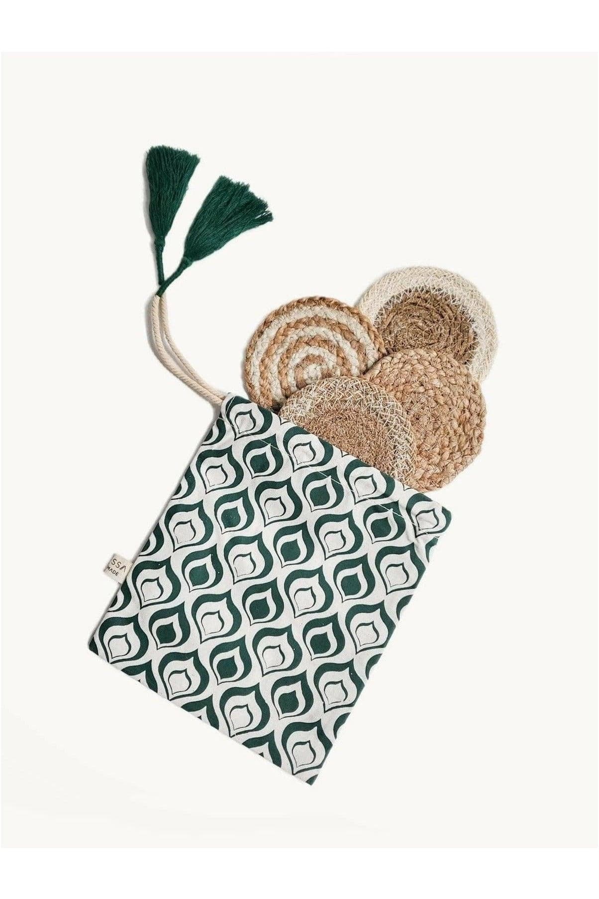 KORISSA Natural Coaster Gift Set with Green Pouch - SwagglyLife Home & Fashion