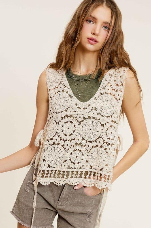 La Miel Self Side Tie Detailed Crochet Vest Top - SwagglyLife Home & Fashion