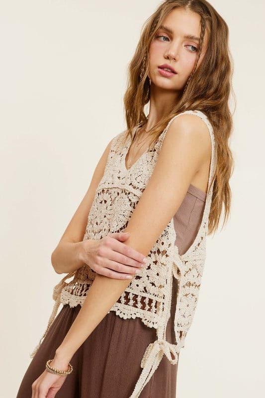 La Miel Self Side Tie Detailed Crochet Vest Top - SwagglyLife Home & Fashion