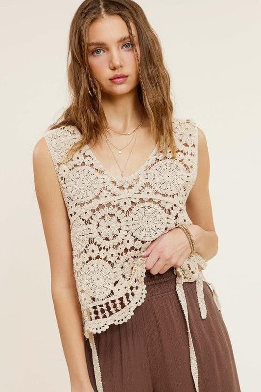 La Miel Self Side Tie Detailed Crochet Vest Top - SwagglyLife Home & Fashion