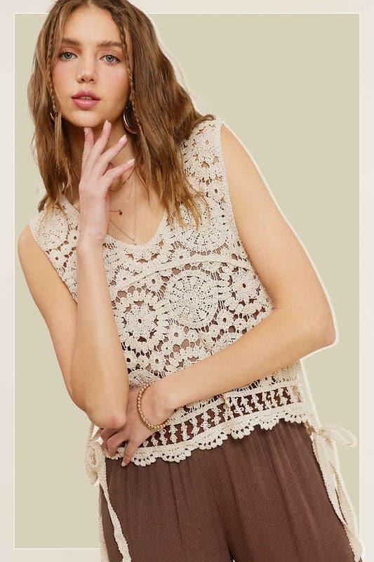 La Miel Self Side Tie Detailed Crochet Vest Top - SwagglyLife Home & Fashion