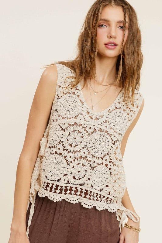 La Miel Self Side Tie Detailed Crochet Vest Top - SwagglyLife Home & Fashion