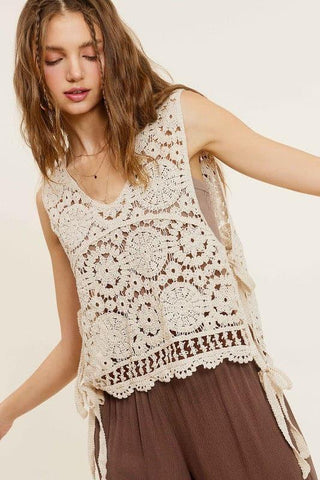 La Miel Self Side Tie Detailed Crochet Vest Top - SwagglyLife Home & Fashion