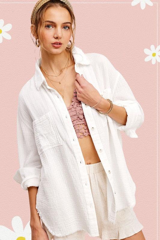 Soft Washed Crinkled Gauze Button Down Shirt - SwagglyLife Home & Fashion