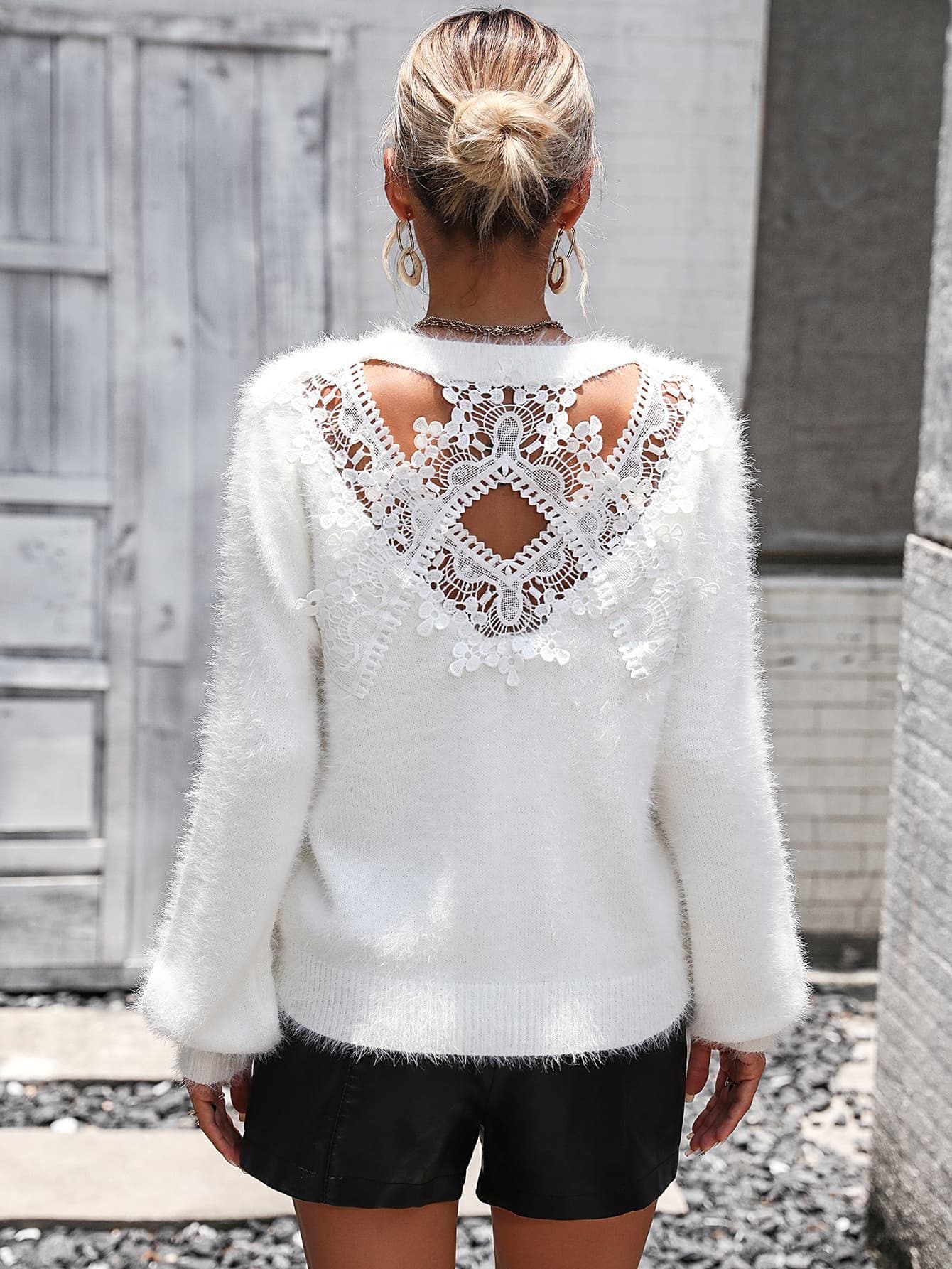 Lace Detail Cutout Long Sleeve Pullover Sweater, Multiple Colors - SwagglyLife Home & Fashion