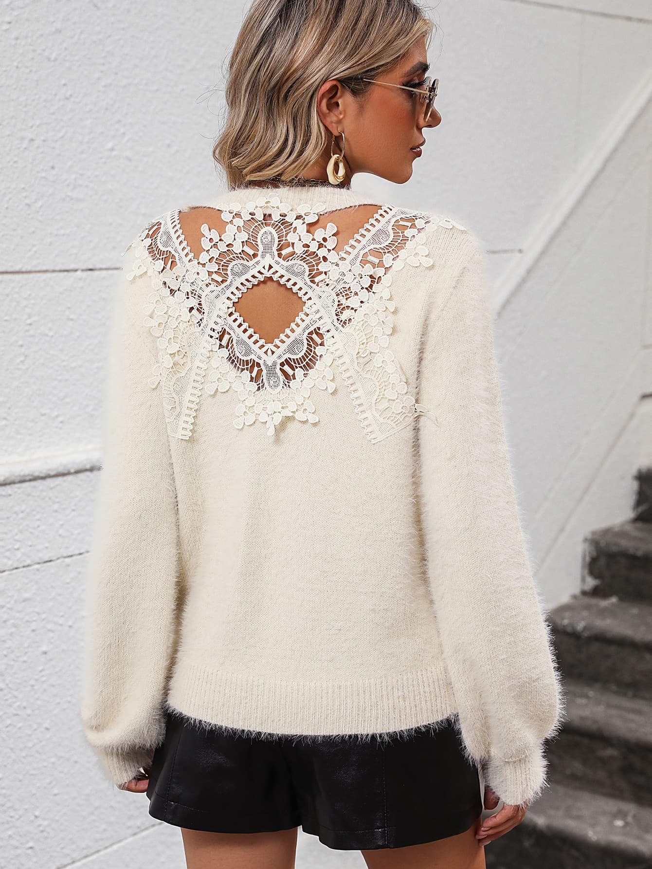 Lace Detail Cutout Long Sleeve Pullover Sweater, Multiple Colors - SwagglyLife Home & Fashion