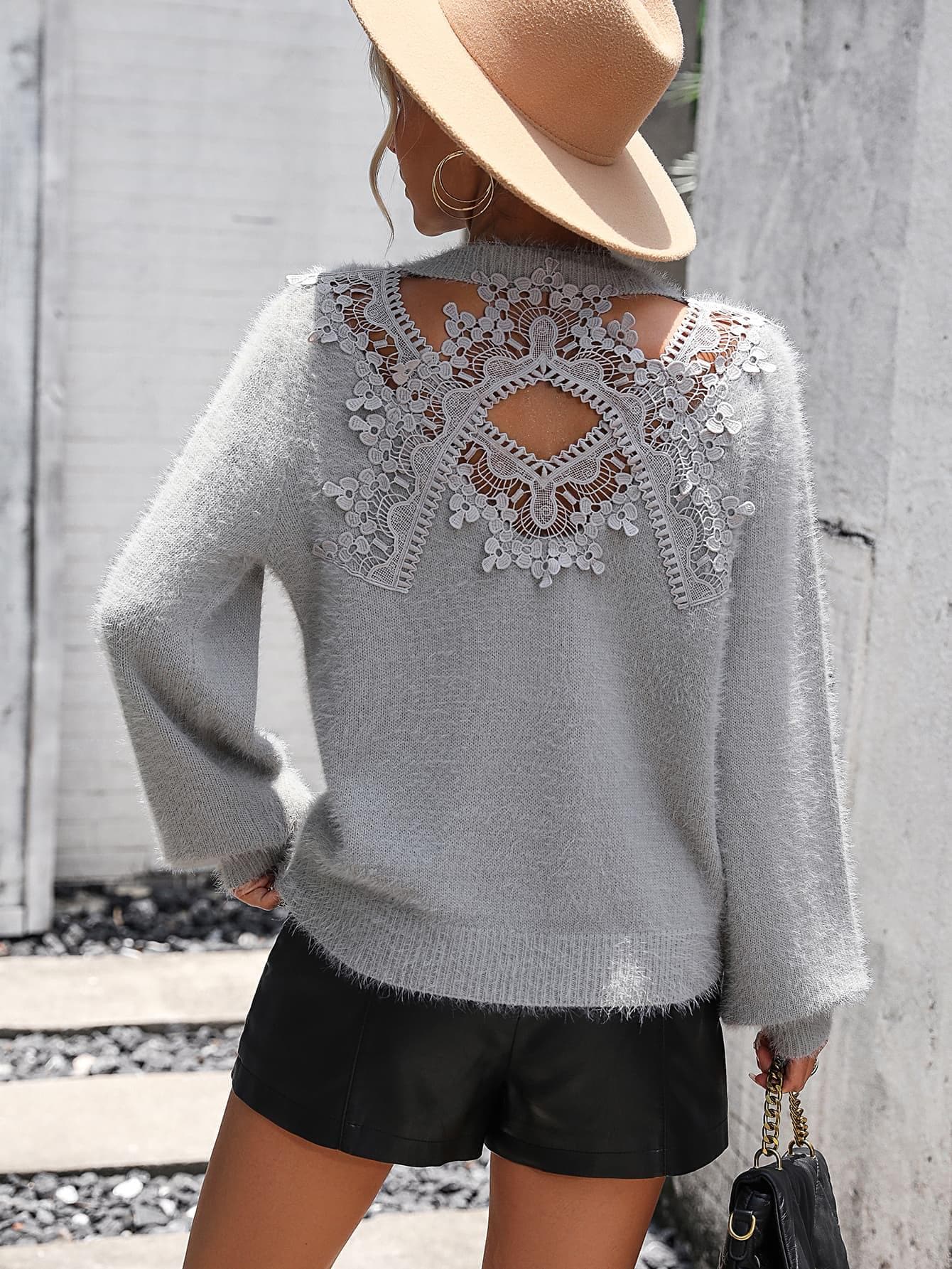 Lace Detail Cutout Long Sleeve Pullover Sweater, Multiple Colors - SwagglyLife Home & Fashion