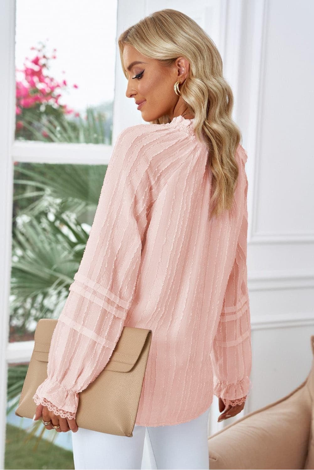 Lace Detail Frill Trim Flounce Sleeve Blouse - SwagglyLife Home & Fashion