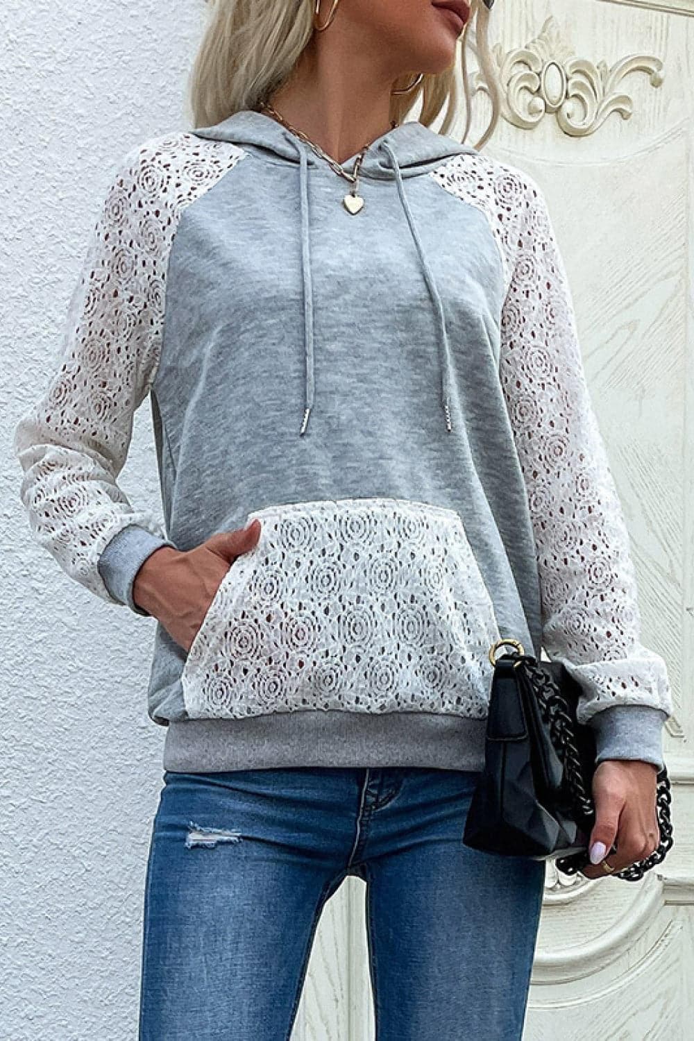 Lace Raglan Sleeve Drawstring Hoodie - SwagglyLife Home & Fashion