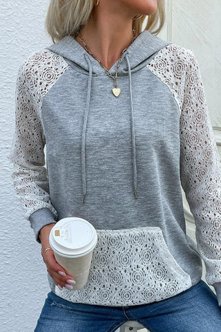 Lace Raglan Sleeve Drawstring Hoodie - SwagglyLife Home & Fashion