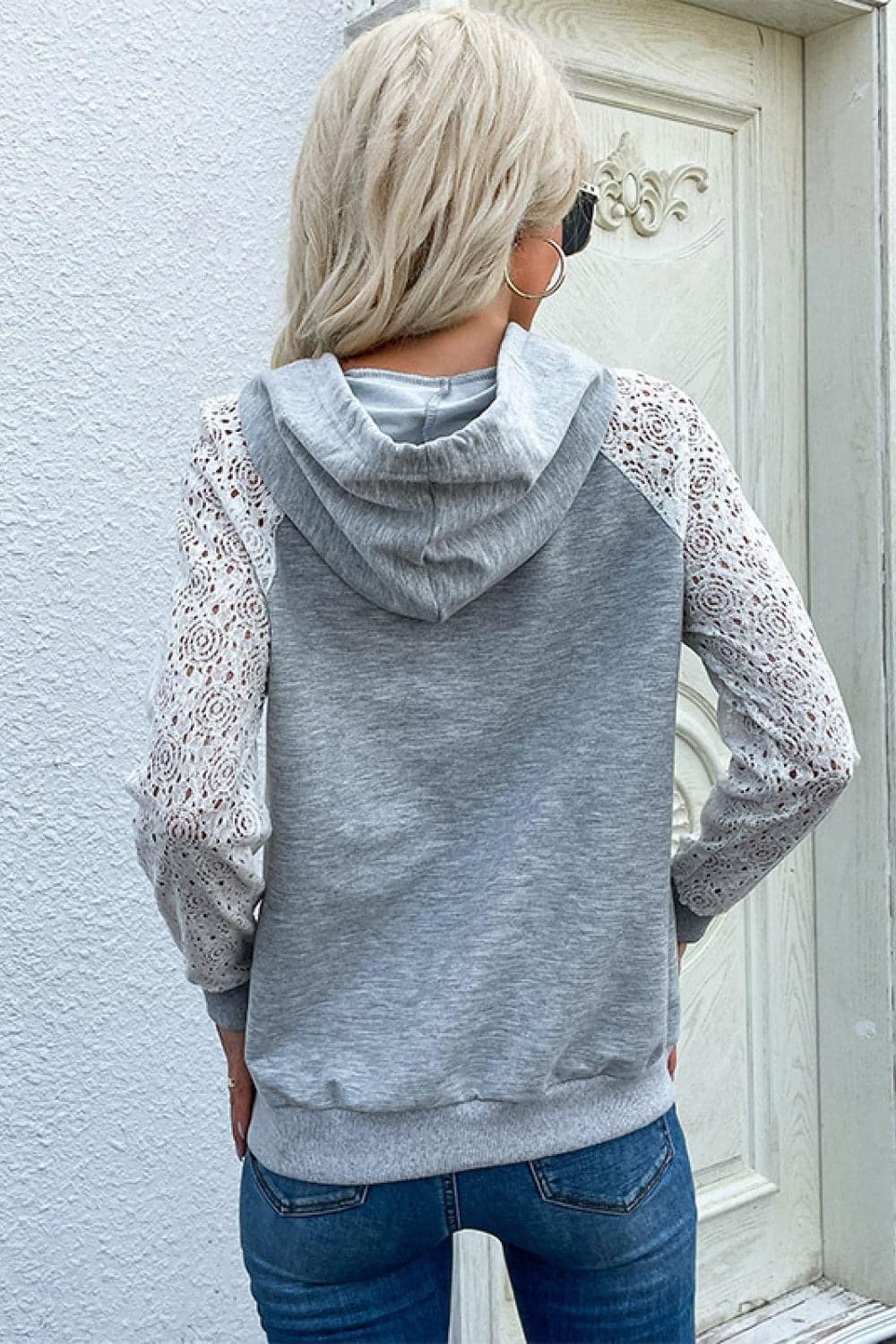 Lace Raglan Sleeve Drawstring Hoodie - SwagglyLife Home & Fashion