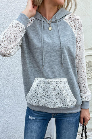 Lace Raglan Sleeve Drawstring Hoodie - SwagglyLife Home & Fashion