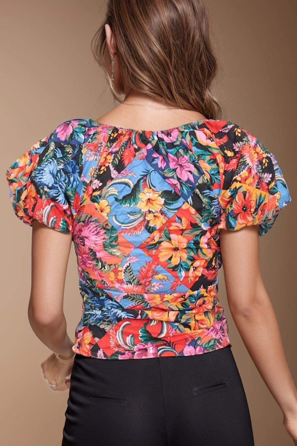 Laura Ruched Printed V-Neck Short Sleeve Blouse - SwagglyLife Home & Fashion