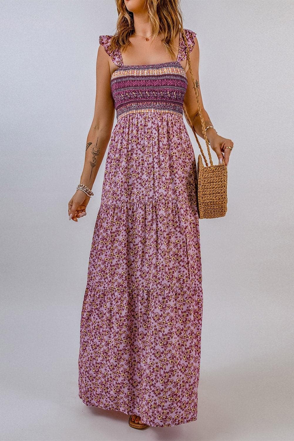Laurel Floral Square Neck Maxi Dress, Pink - SwagglyLife Home & Fashion