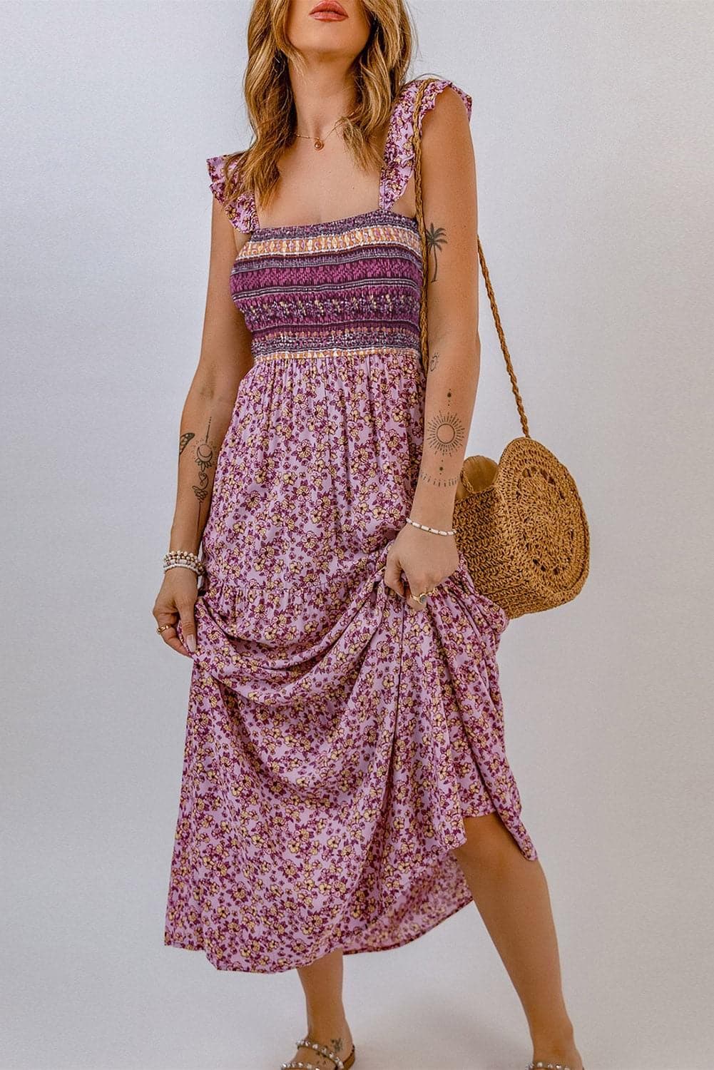 Laurel Floral Square Neck Maxi Dress, Pink - SwagglyLife Home & Fashion