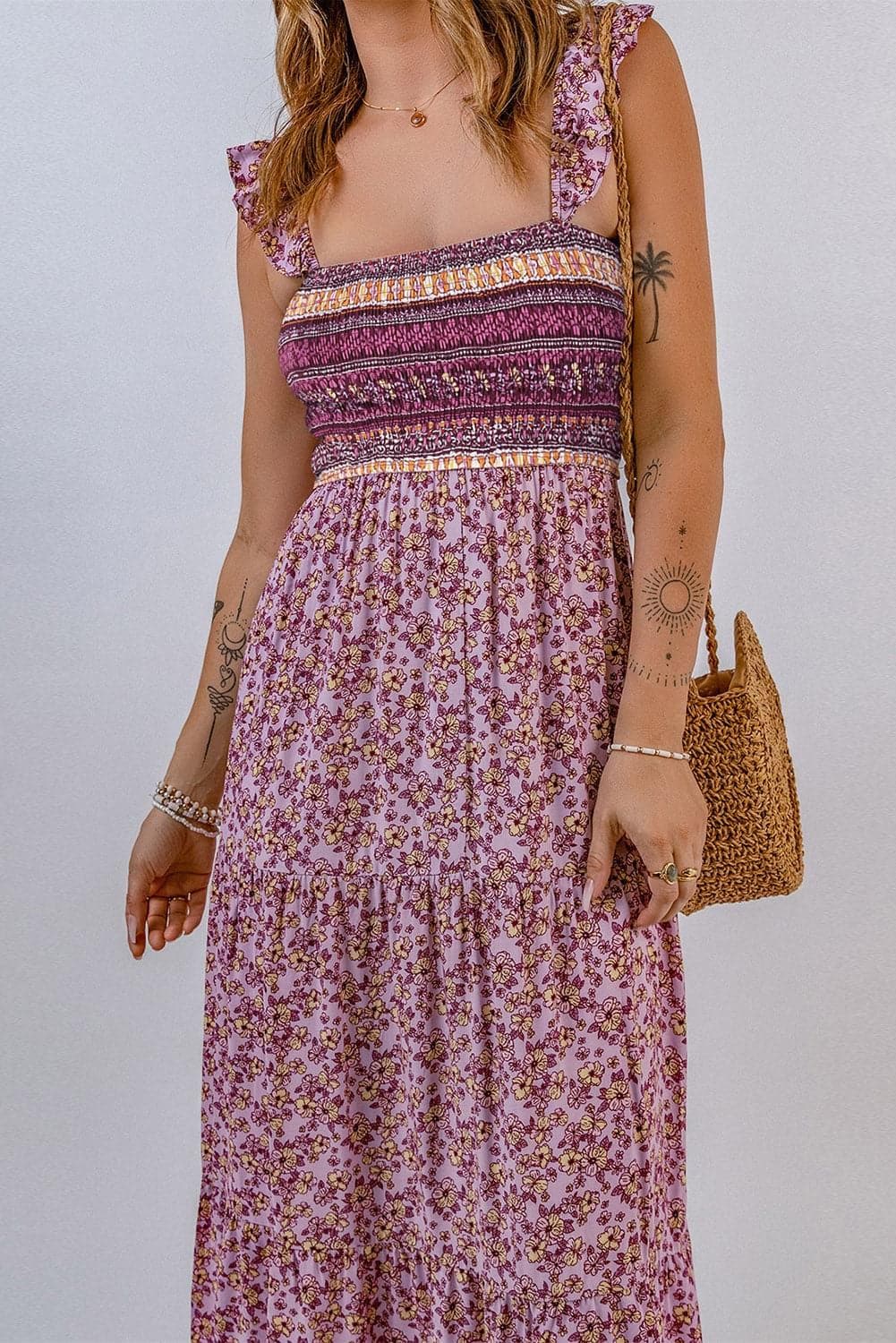 Laurel Floral Square Neck Maxi Dress, Pink - SwagglyLife Home & Fashion