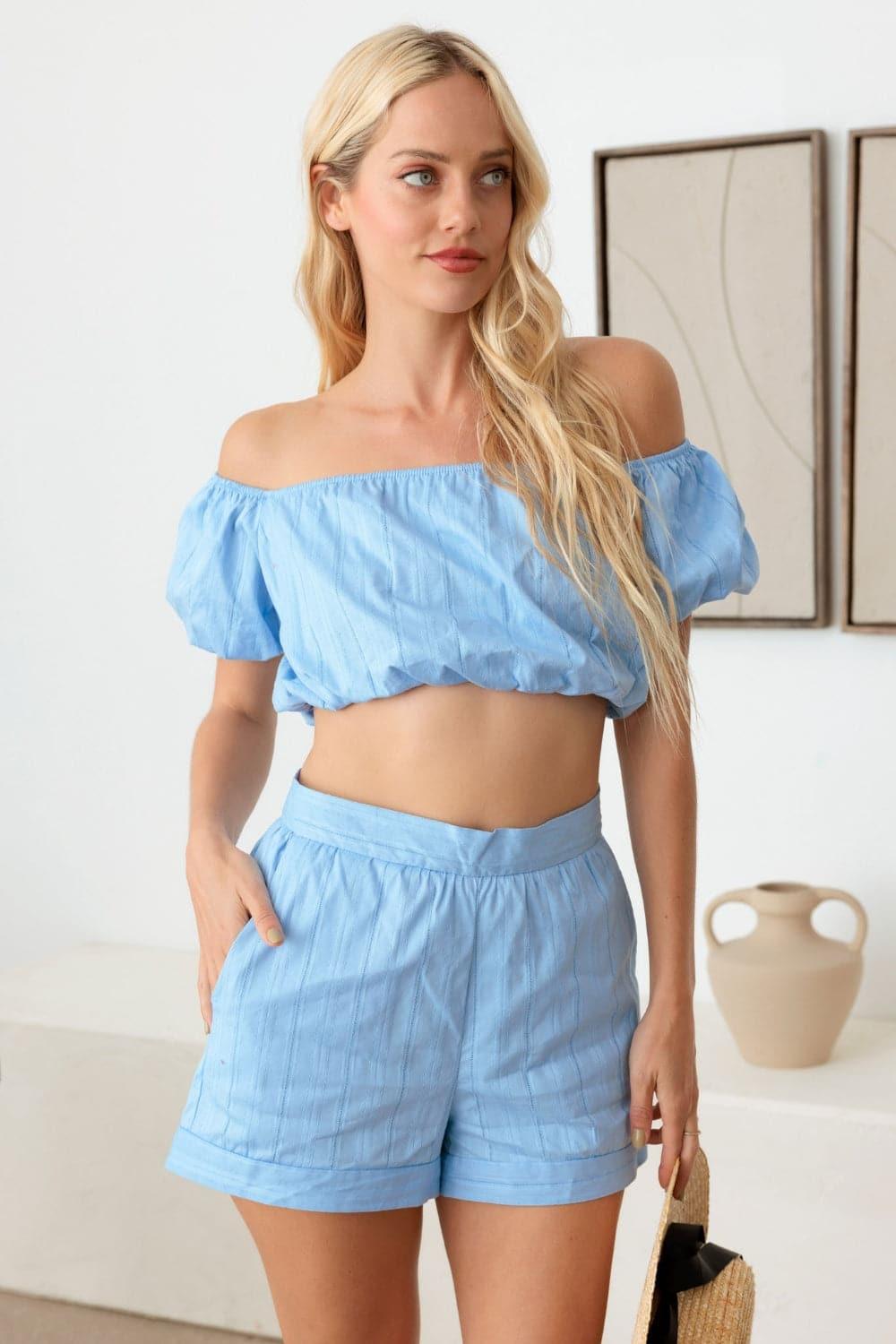 LE LIS COLLECTION Off Shoulder Crop Top and High Waist Shorts Set - SwagglyLife Home & Fashion