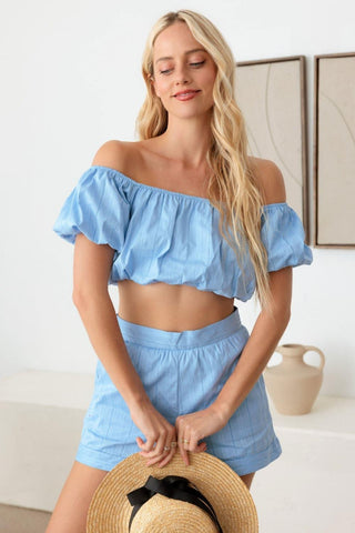 LE LIS COLLECTION Off Shoulder Crop Top and High Waist Shorts Set - SwagglyLife Home & Fashion