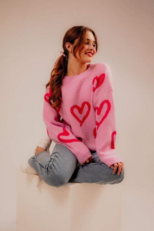 LE LIS Long Sleeve Round Neck Heart Printed Sweater - SwagglyLife Home & Fashion