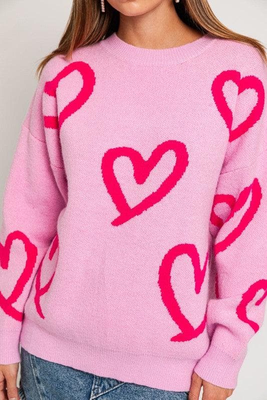 LE LIS Long Sleeve Round Neck Heart Printed Sweater - SwagglyLife Home & Fashion