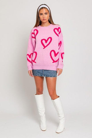 LE LIS Long Sleeve Round Neck Heart Printed Sweater - SwagglyLife Home & Fashion