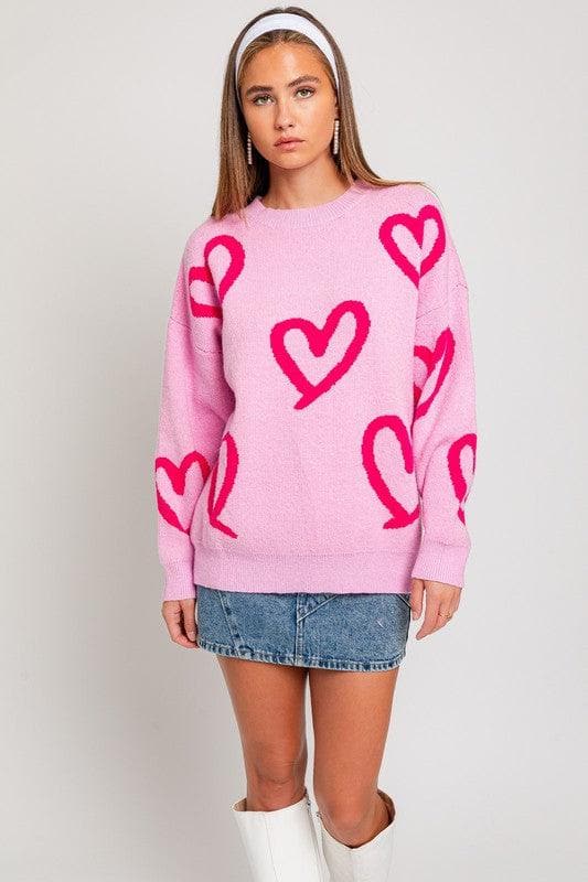 LE LIS Long Sleeve Round Neck Heart Printed Sweater - SwagglyLife Home & Fashion