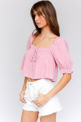 LE LIS Puff Sleeve Smocking Detail Flared Top - SwagglyLife Home & Fashion