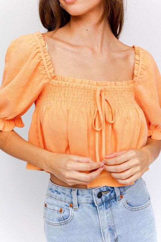 LE LIS Puff Sleeve Smocking Detail Flared Top - SwagglyLife Home & Fashion