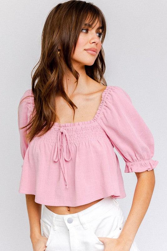 LE LIS Puff Sleeve Smocking Detail Flared Top - SwagglyLife Home & Fashion