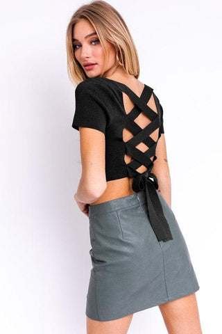 LE LIS Short Sleeve Criss Cross Back Knit Top - SwagglyLife Home & Fashion