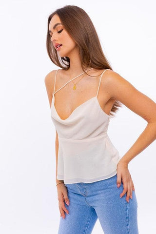 LE LIS Spaghetti Detail Cowl Neck Cami Top, Cream - SwagglyLife Home & Fashion