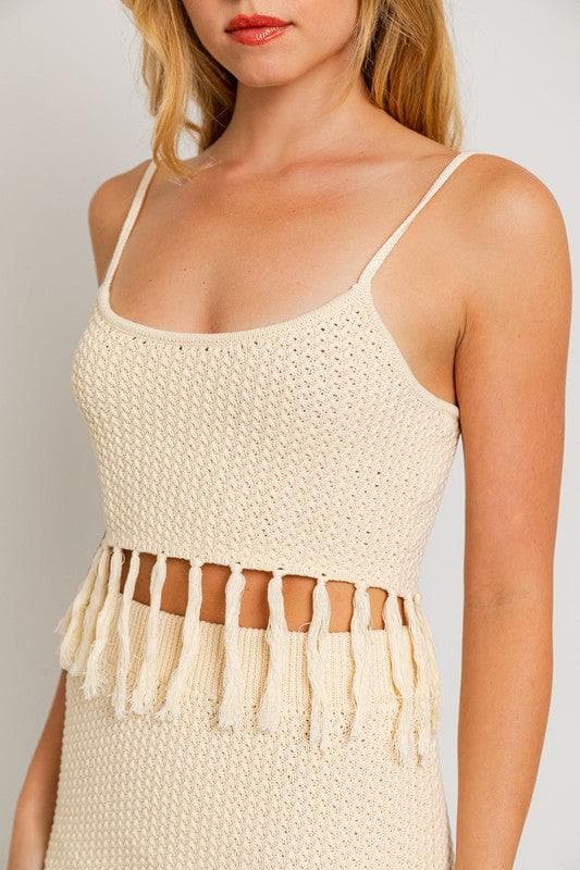 LE LIS Tassel Detail Spaghetti Sweater Crop Top - SwagglyLife Home & Fashion