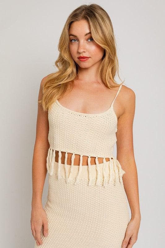 LE LIS Tassel Detail Spaghetti Sweater Crop Top - SwagglyLife Home & Fashion