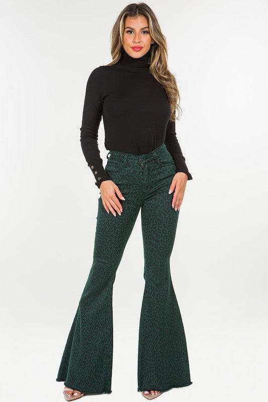 Leopard Bell Bottom Jean in Pine Green - SwagglyLife Home & Fashion