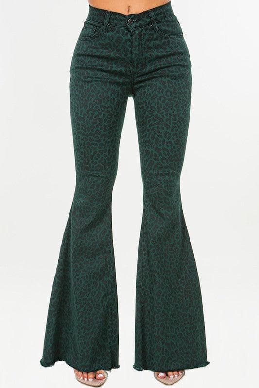 Leopard Bell Bottom Jean in Pine Green - SwagglyLife Home & Fashion