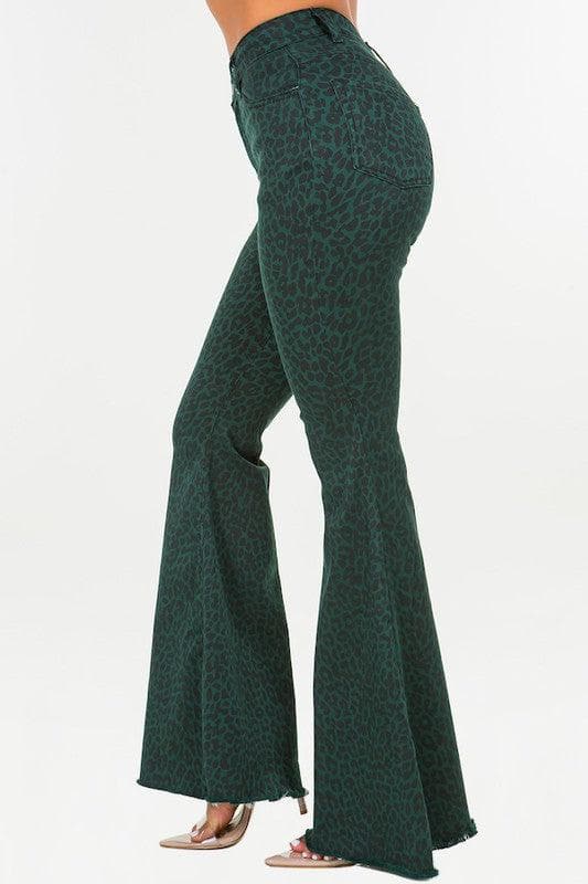 Leopard Bell Bottom Jean in Pine Green - SwagglyLife Home & Fashion