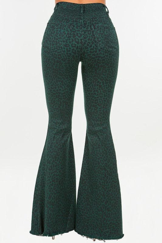 Leopard Bell Bottom Jean in Pine Green - SwagglyLife Home & Fashion