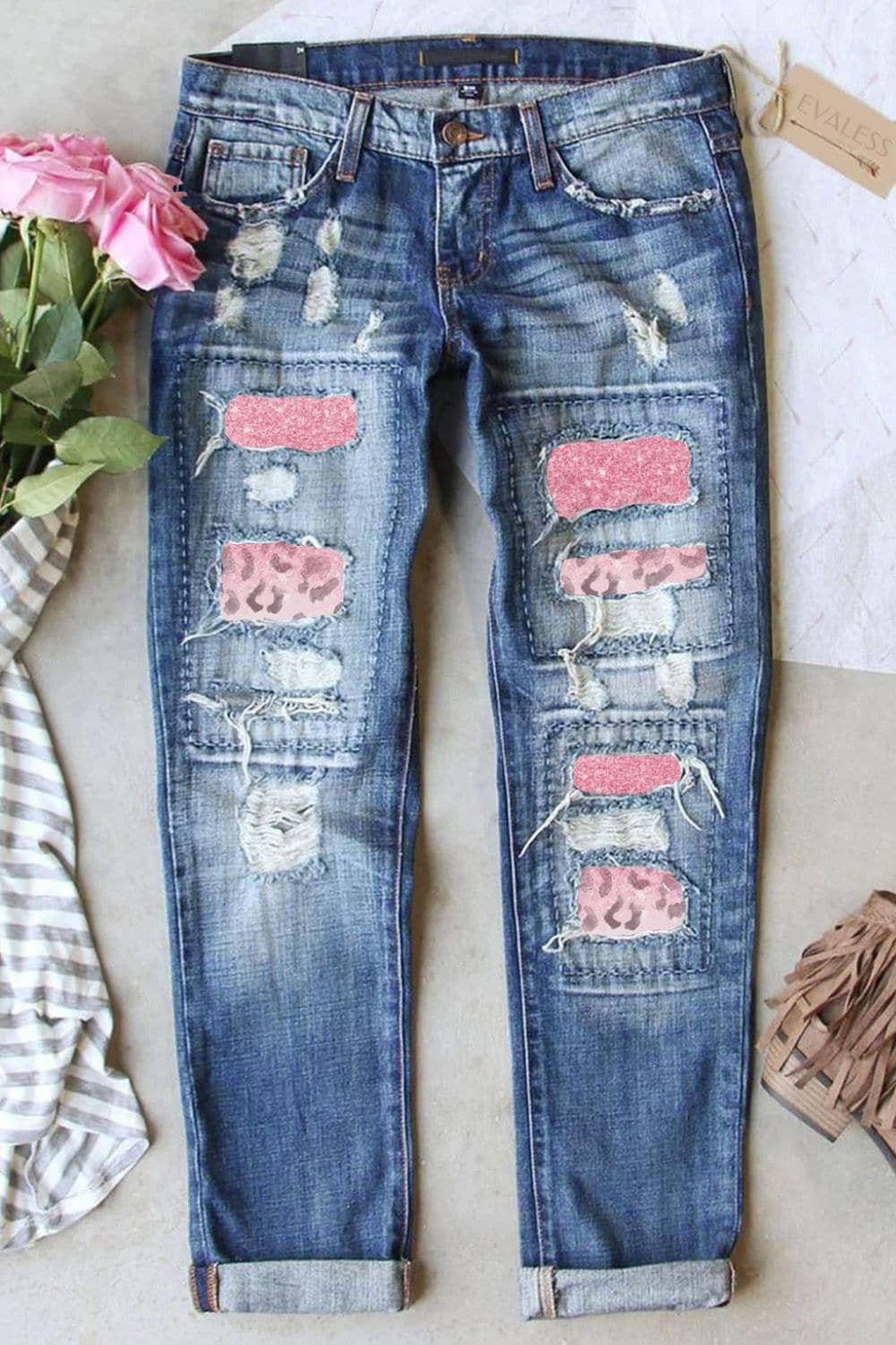Leopard Patch Distressed Straight Leg Jeans - SwagglyLife Home & Fashion