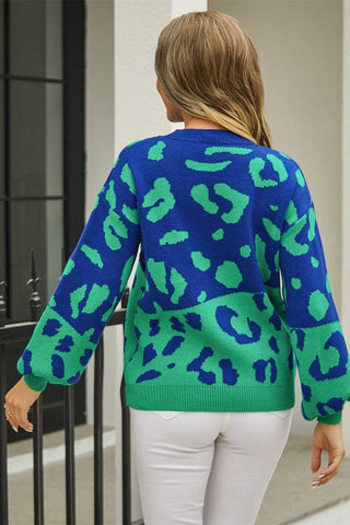 Leopard Round Neck Dropped Shoulder Sweater, Multiple Colors - SwagglyLife Home & Fashion