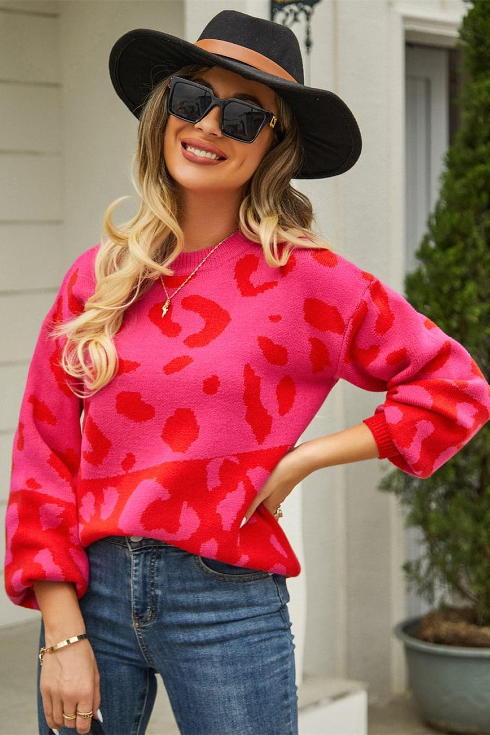 Leopard Round Neck Dropped Shoulder Sweater, Multiple Colors - SwagglyLife Home & Fashion